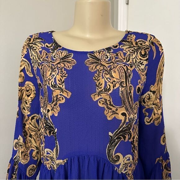 Free People Intimately Size Small Royal Blue Gold Sheer Dress Cover Up Oversized - Picture 6 of 9